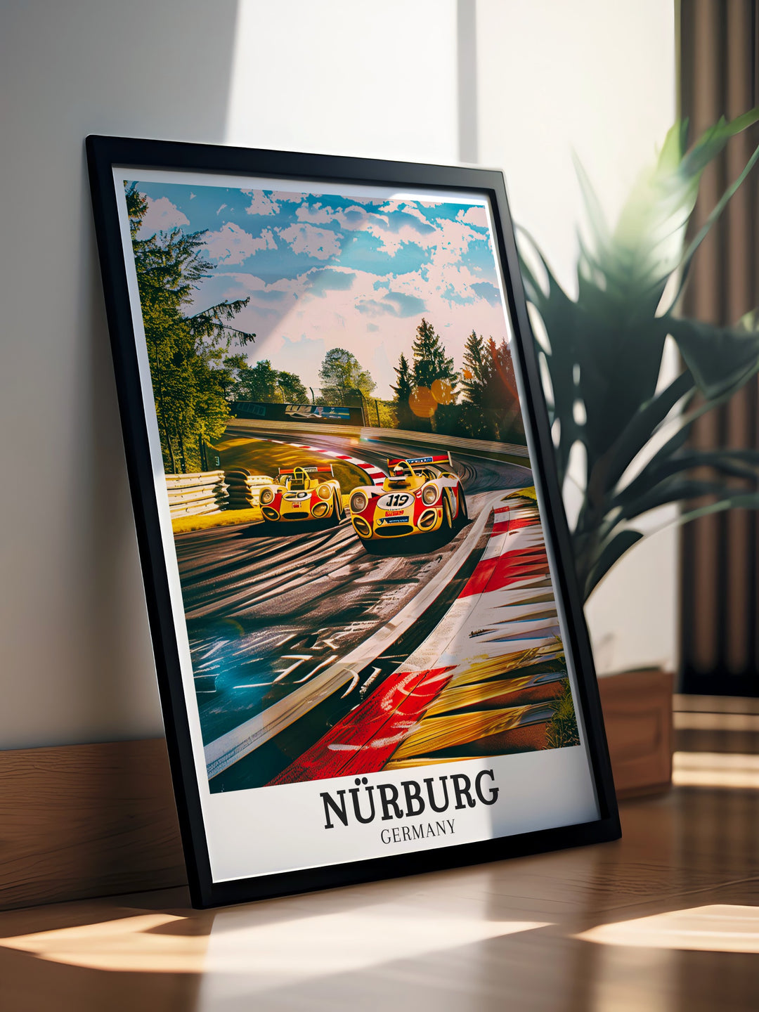 The Nürburg poster combines the thrill of Formula 1 with the natural beauty of the Nürburgrings surroundings. Perfect for motorsport lovers and travelers, this artwork captures the speed and history of one of Germanys most iconic tracks.