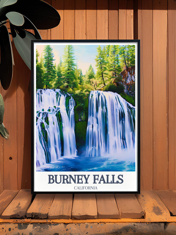 McArthur Burney Falls Memorial State Park comes to life in this Burney Falls Artwork capturing the picturesque waterfall in vibrant detail making it the perfect California decor piece to enhance your living room or bedroom with a touch of outdoor beauty.