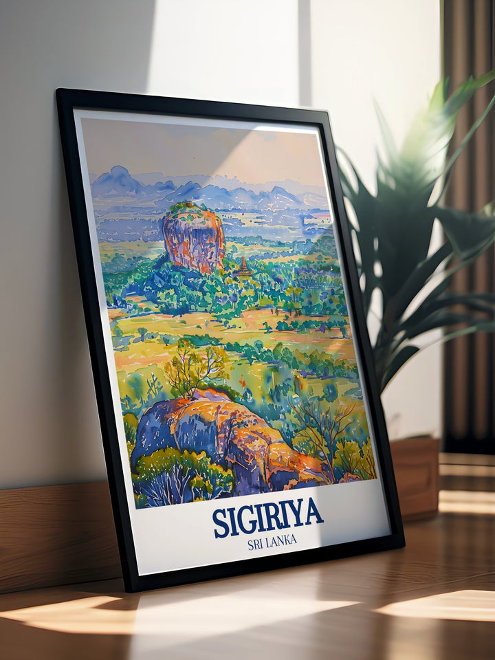 Travel print of Sigiriya and Lions Rock, combining the architectural grandeur of the fortress with the natural beauty of Sri Lankas Central Province. This artwork is a perfect way to bring the history and culture of Sri Lanka into your home decor.