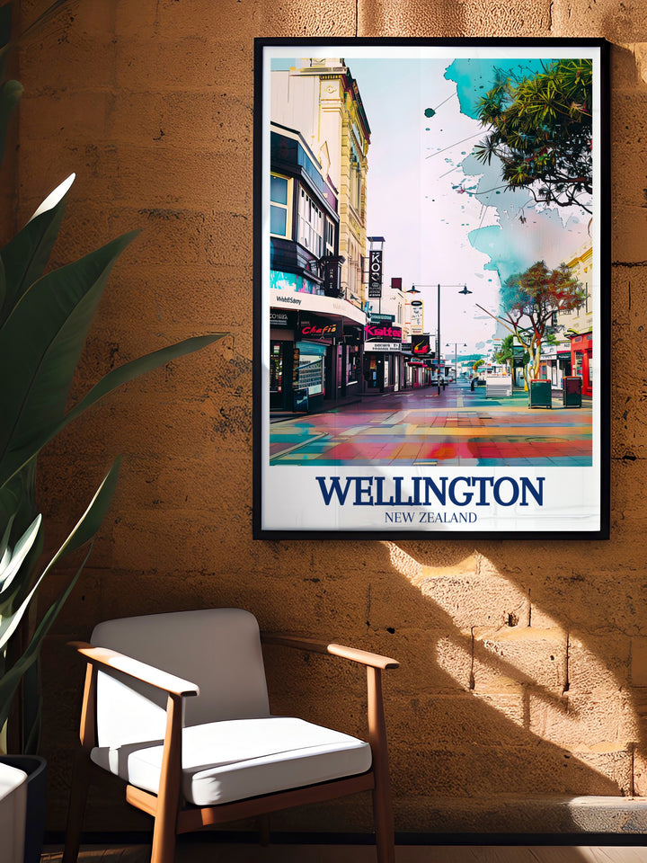 Wellington poster print captures the vibrant energy of Cuba Street, one of the most iconic and culturally rich areas in New Zealands capital. Perfect for lovers of city art and travel, this artwork brings a touch of Wellingtons creative spirit into your home décor.