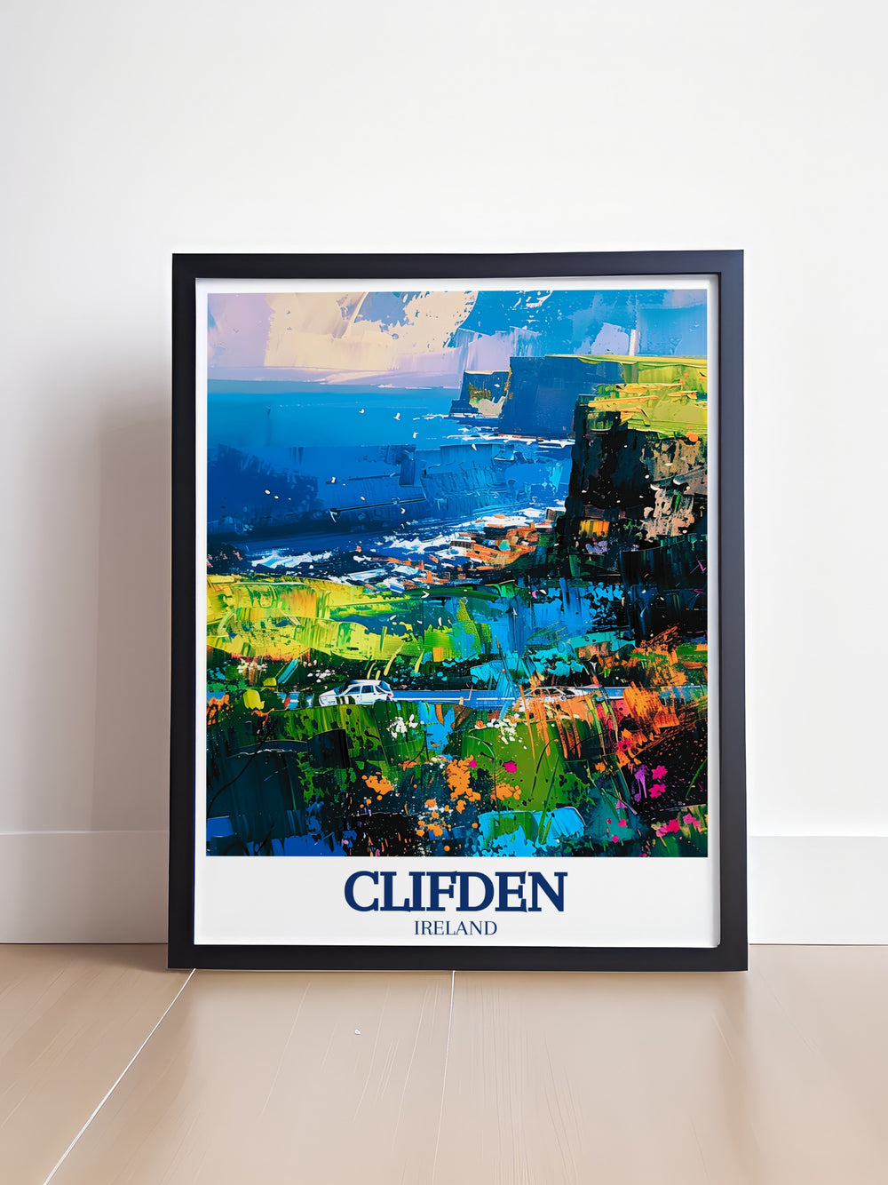 Poster print of Clifden, Ireland, featuring the stunning views of Clifden Bay along the Wild Atlantic Way. Perfect for adding coastal charm and Irish beauty to your home decor.