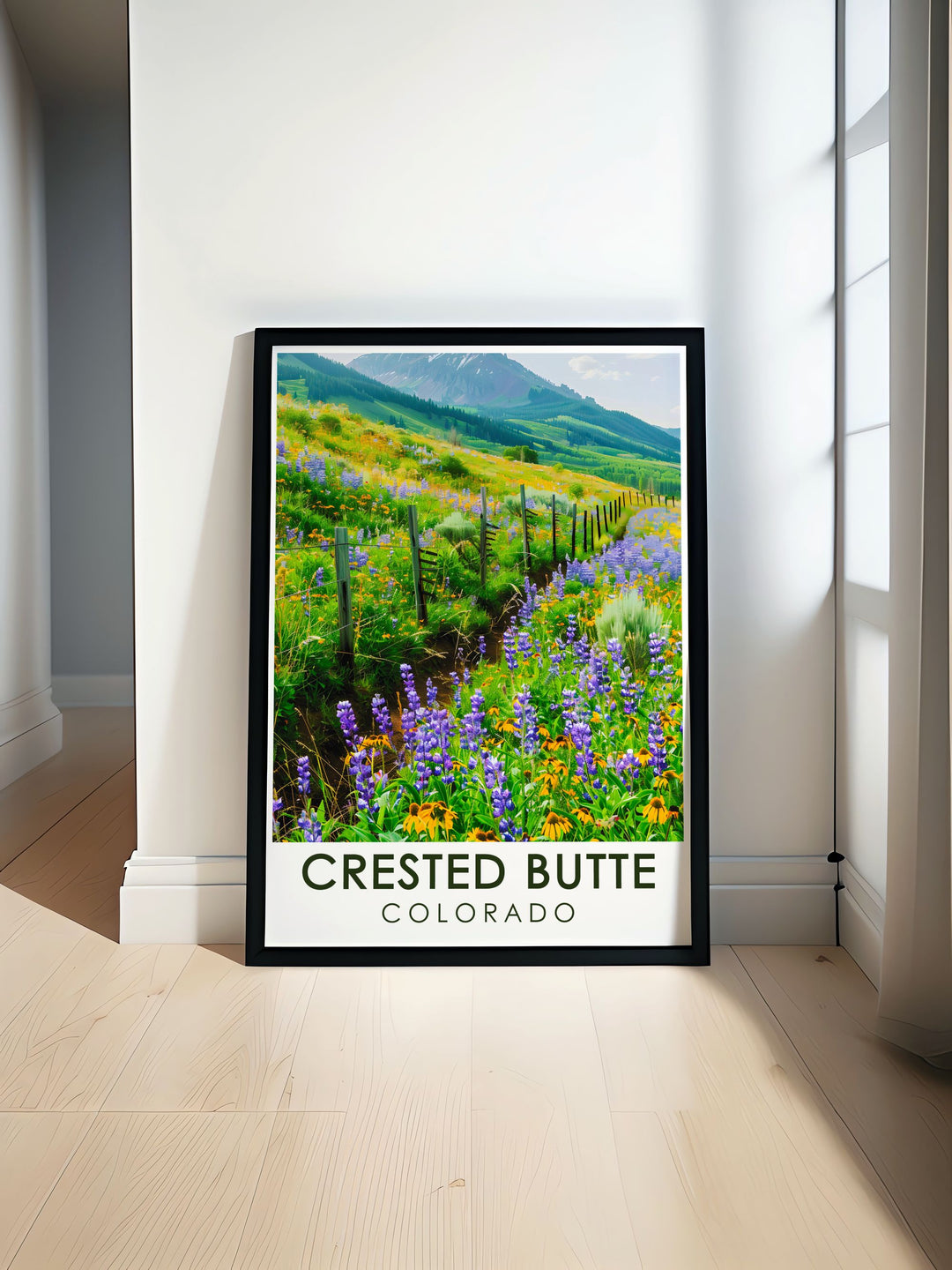 Crested Butte Poster showcasing the vibrant Wildflower Festival with stunning illustrations of colorful wildflowers and the majestic Rocky Mountains perfect for adding a touch of Colorados natural beauty to your home decor.