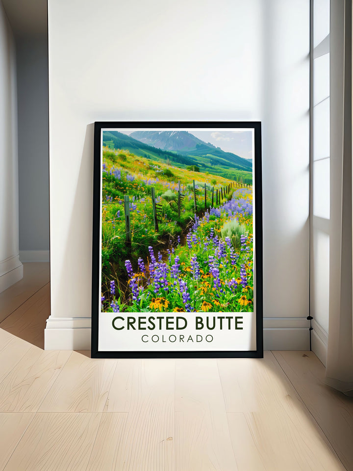 Historic Downtown travel poster featuring Crested Buttes picturesque streets and mountain views perfect for adding a touch of Colorados charm and history to your home decor ideal for those who love the beauty and heritage of this iconic destination.