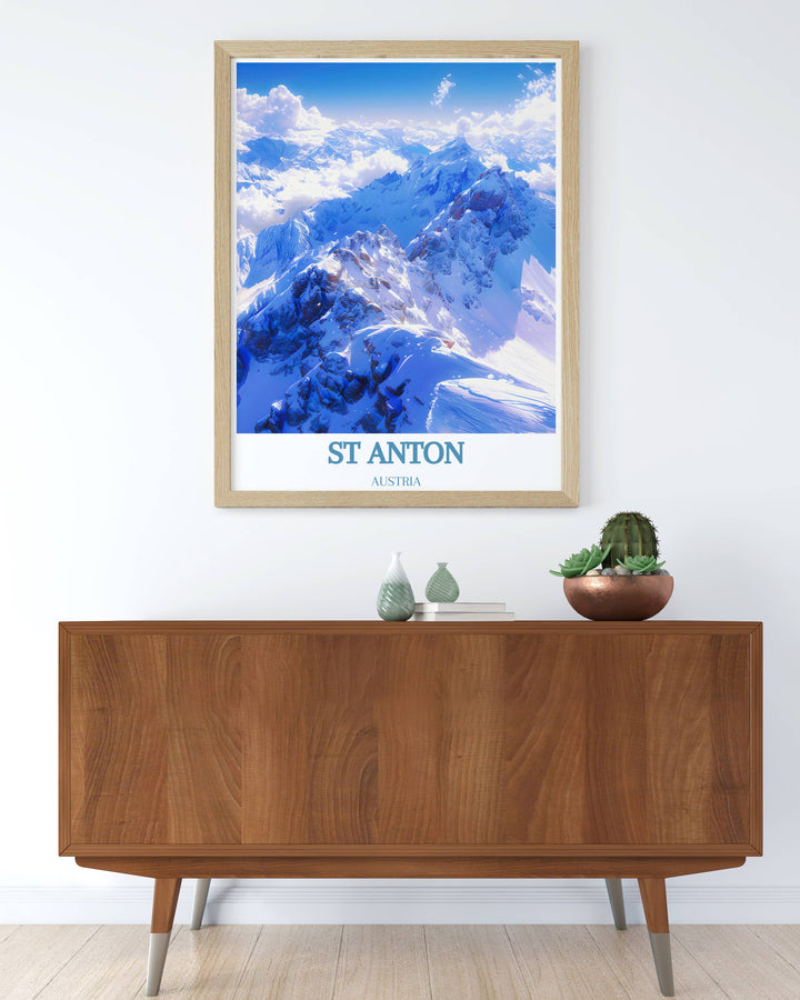 Valluga Mountain Framed Prints and St Anton Ski Prints make a beautiful addition to your living room decor combining the charm of a vintage ski poster with modern art this skiing wall art is perfect for creating a winter wonderland at home