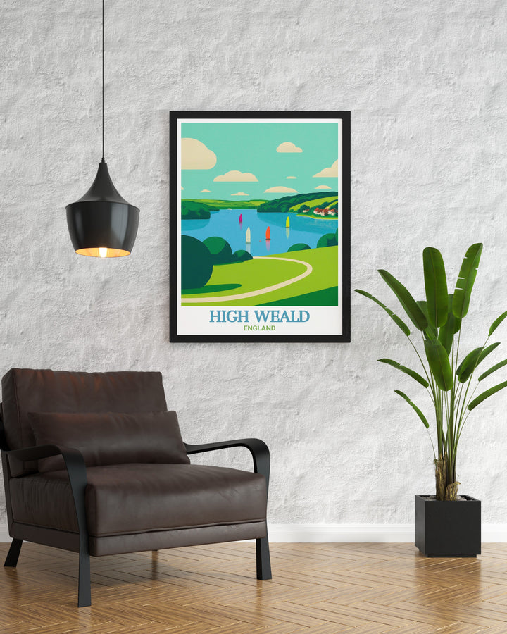 High Weald and Bewl Water print featuring a picturesque scene from the British countryside perfect for creating an elegant and peaceful living room decor or as a thoughtful gift for lovers of vintage travel art.