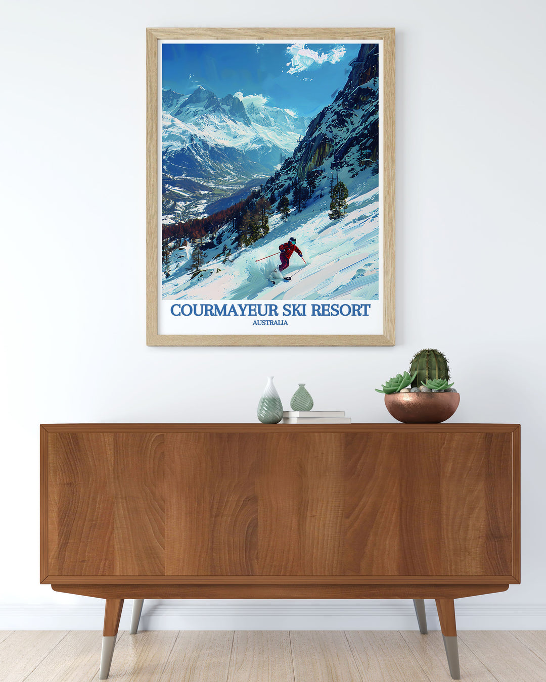 Featuring breathtaking vistas of Courmayeur Ski Resort and the majestic Mont Blanc, this poster is perfect for those who wish to bring a piece of Italys natural splendor and ski resort luxury into their home.