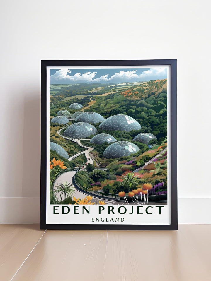 Eden Project framed print capturing the essence of one of Cornwalls most famous landmarks with intricate details and vibrant colors perfect for adding a focal point to your room or as a unique gift for art lovers and nature enthusiasts.