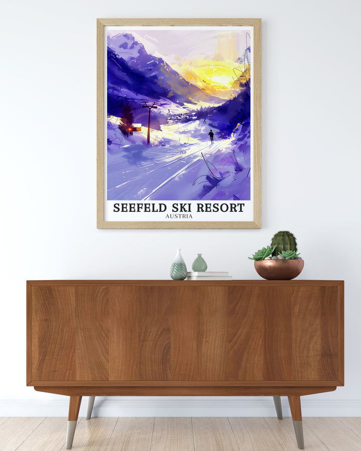 Capture the excitement of Austria skiing with this Seefeld Ski Resort Poster Print. Featuring Karwendel mountains and Bergbahnen Rosshutte this stunning print adds alpine charm to any living room.