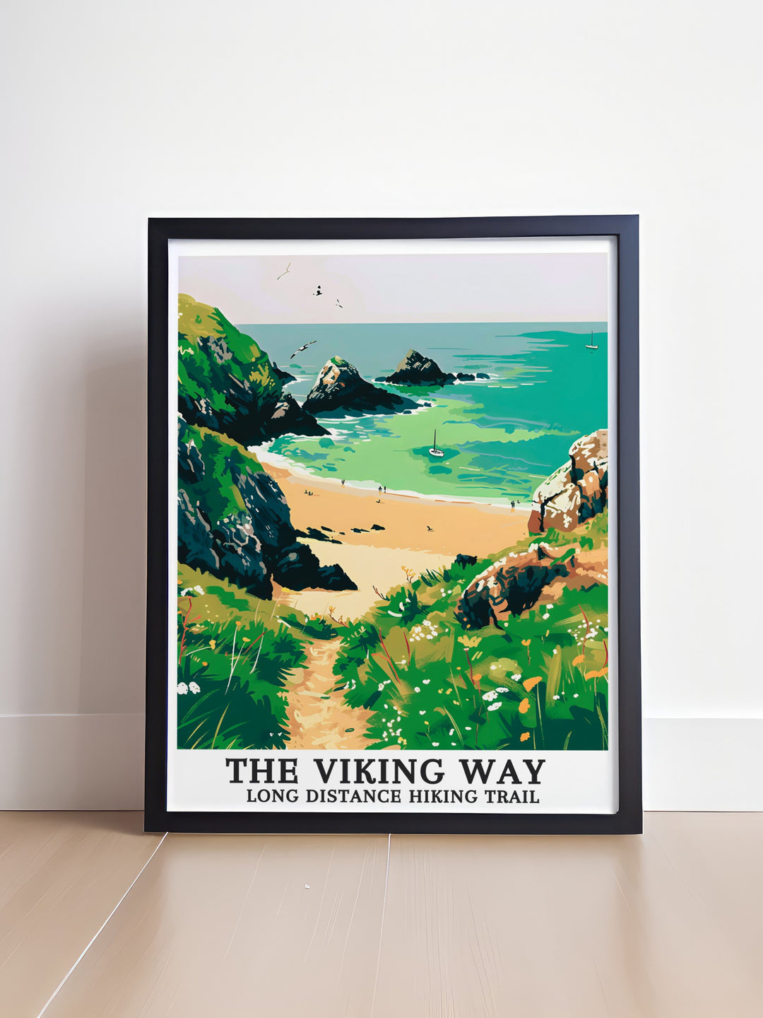 Scenic travel poster of The Viking Way Trail, highlighting the beautiful Hoddevik Beach on the Norwegian Sea. This detailed art print showcases the trails diverse landscapes, ideal for adding a touch of natural elegance to your living space. Perfect for hikers and art lovers.