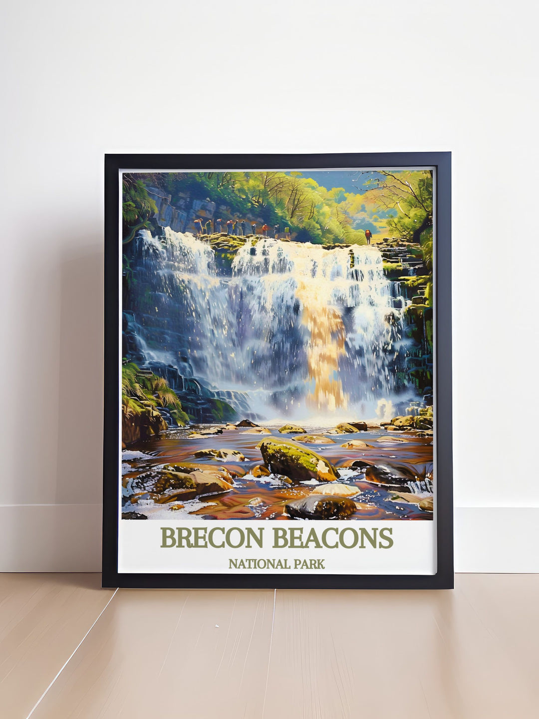 Beautiful print of Sgwd yr Eira in the Brecon Beacons, highlighting the dynamic flow of the waterfall amidst vibrant foliage. This artwork captures the essence of South Wales landscapes, making it a perfect addition to any nature lovers collection.