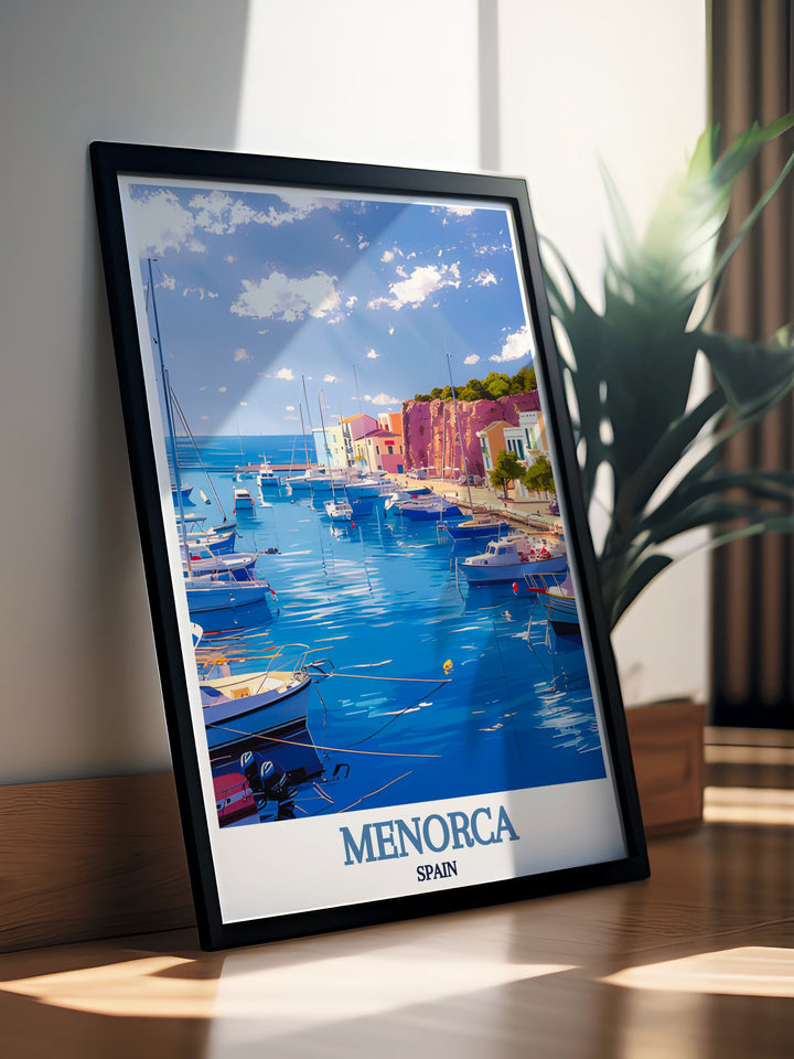 Mahon Harbor modern art piece highlighting the tranquil beauty of Menorcas harbor with its inviting waters and vibrant surroundings perfect for Spain art gifts and decor creating a refined and stylish ambiance in your living space.