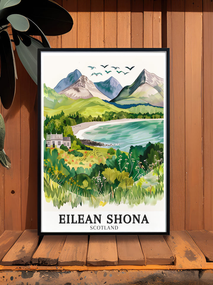 Rum Cuillin Mountains Wall Art. Showcasing the majestic Rum Cuillin mountains and the serene beauty of Eilean Shona, these wall art pieces are designed to bring the natural scenery of Scotland into your home. Perfect for nature lovers and art enthusiasts alike.