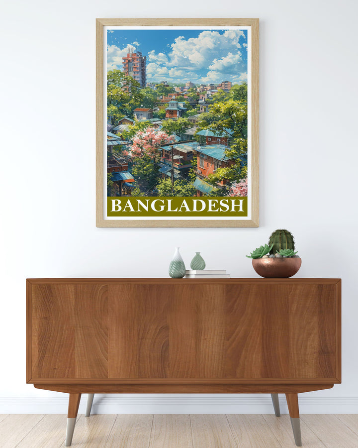 Dhakas rich cultural heritage and dynamic cityscape are beautifully depicted in this art print, making it a versatile piece for any home decor.