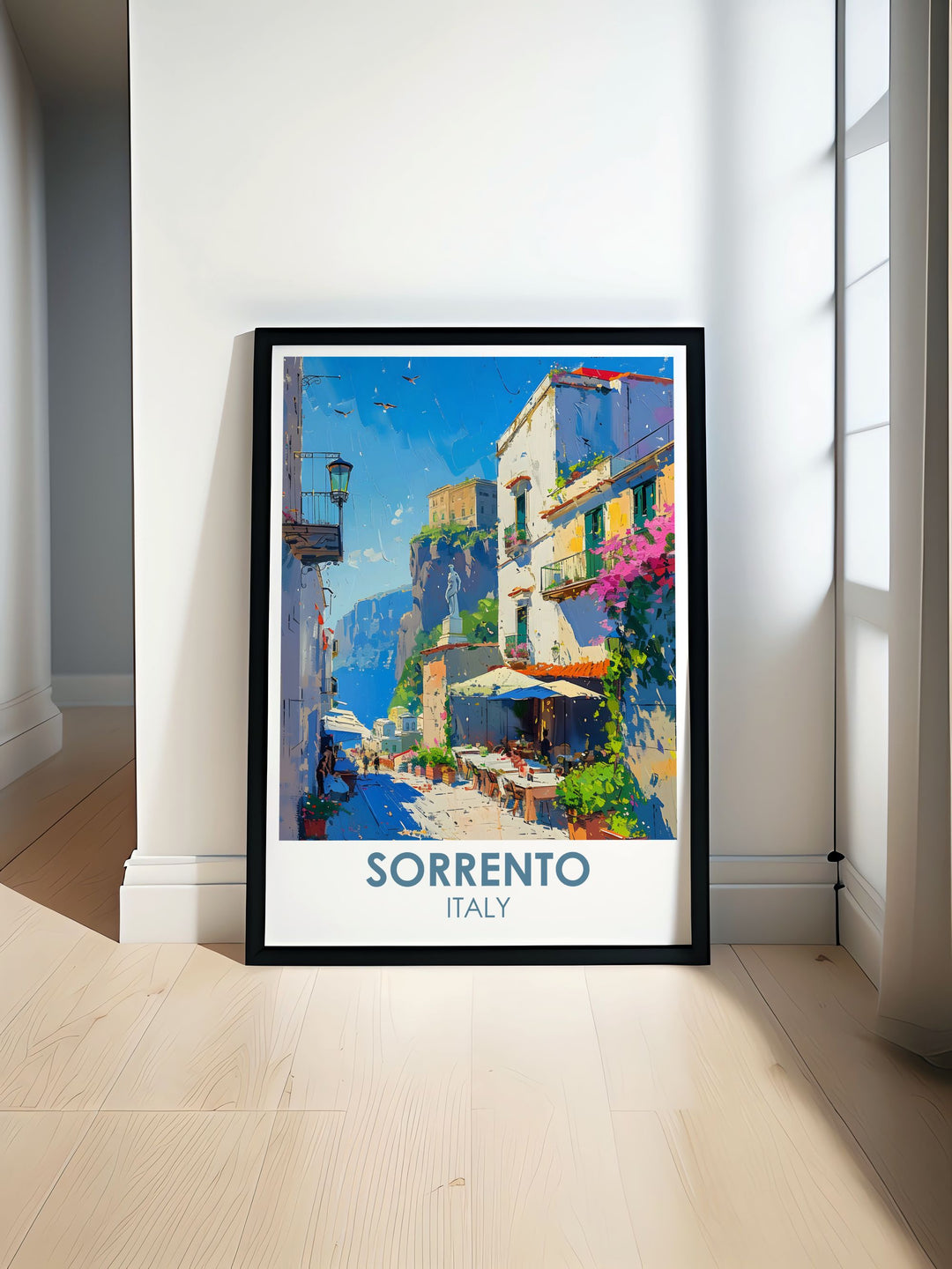 Sorrento travel poster featuring Piaza Tasso and vibrant street life perfect for adding Italian charm to any space. Detailed Italy print capturing the essence of Sorrento Italy with vibrant colors and intricate design ideal for travel enthusiasts and home decor.