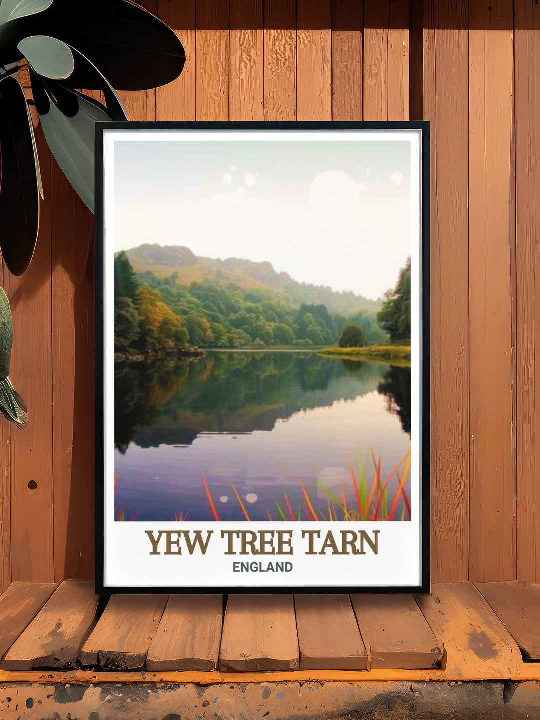 Lake District travel poster of Yew Tree Tarn, capturing the scenic charm and peaceful ambiance. This print is perfect for decorating your home with a piece of Englands natural heritage.