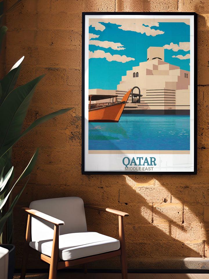 Middle Eastern cultural landmark, the Museum of Islamic Art, captured in a vibrant travel print. This artwork brings to life the striking details and artistic influence of this Qatar based museum, perfect for any wall.