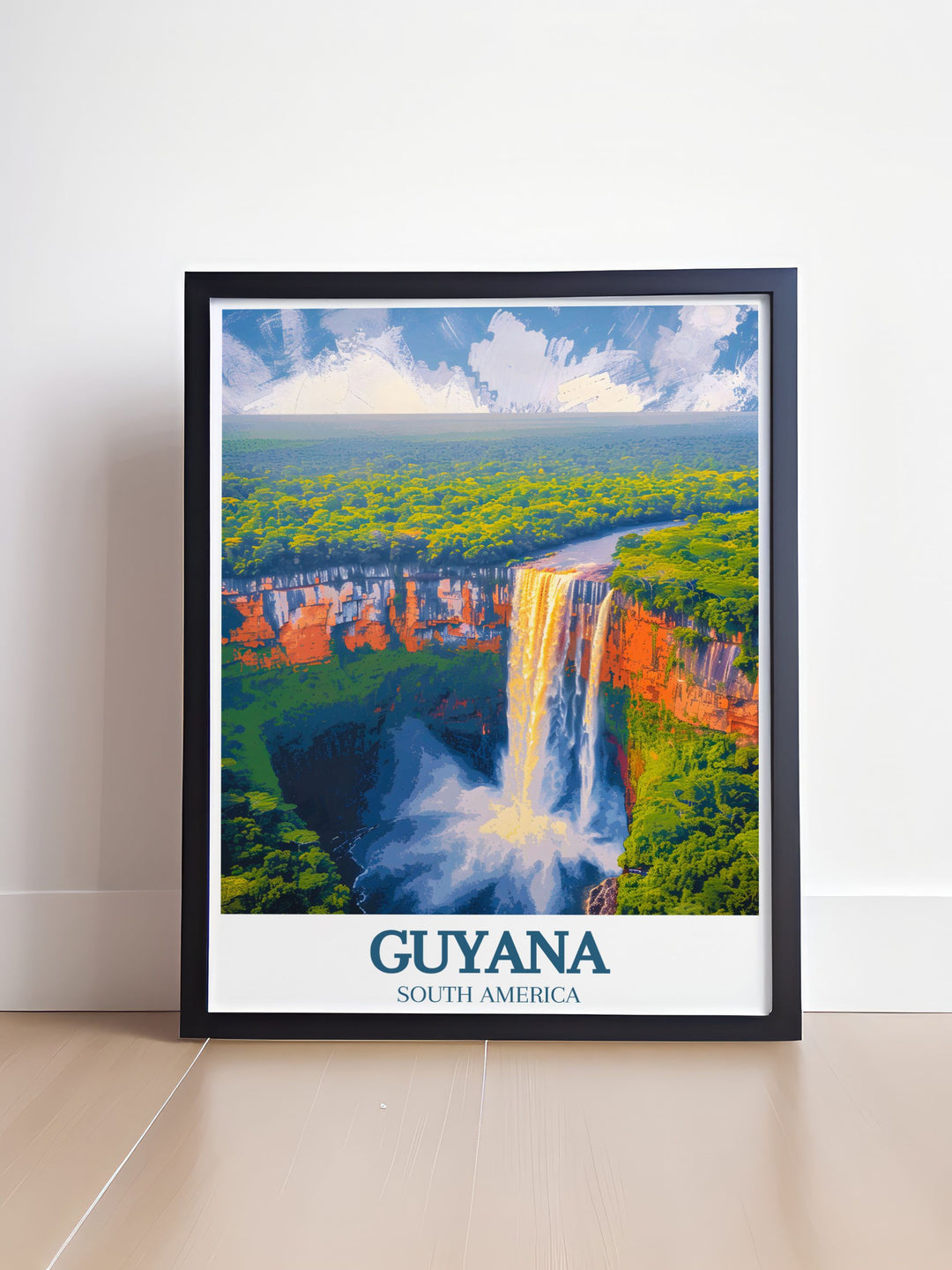 Highlighting the exotic wildlife and dense forests of the Amazon basin, this travel poster captures the adventurous spirit and captivating landscapes of Guyana, ideal for your home decor.