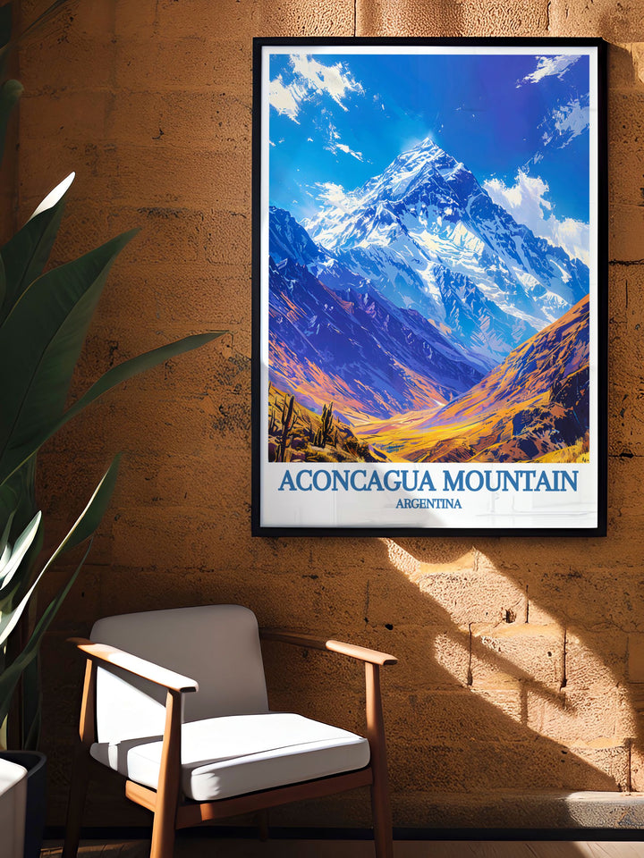 A framed print of Aconcagua Mountain offering a vintage travel print aesthetic ideal for adventurers and those who love the natural beauty of the Andes.