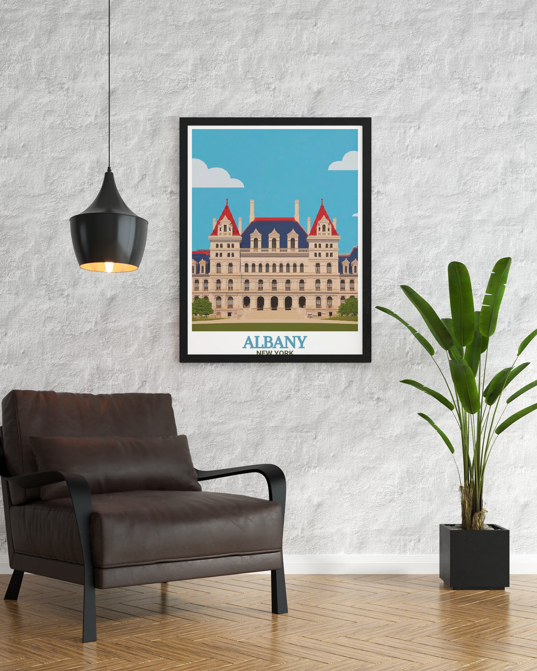 Captivating New York State Capitol modern art highlighting the beauty of Albanys landmarks an ideal piece for art and collectibles lovers who want to bring a piece of New York State decor into their homes and offices with striking visual impact.