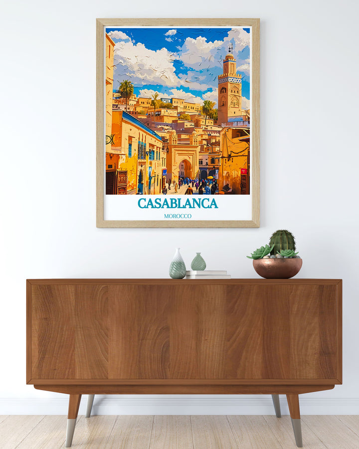 Highlighting the iconic presence of Old Medina and the vibrant culture of Casablanca, this travel poster is perfect for those who appreciate the historical and cultural richness of Morocco.