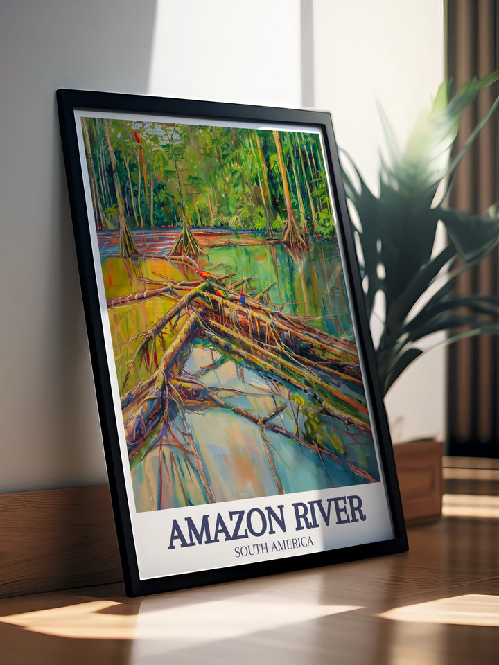 Stunning Igapo forest, Macaws wall art ideal for nature enthusiasts and art lovers. The vibrant colors and detailed portrayal of macaws in the dense Amazon forest make this travel poster a captivating focal point in any room, enhancing your decor with natural beauty.