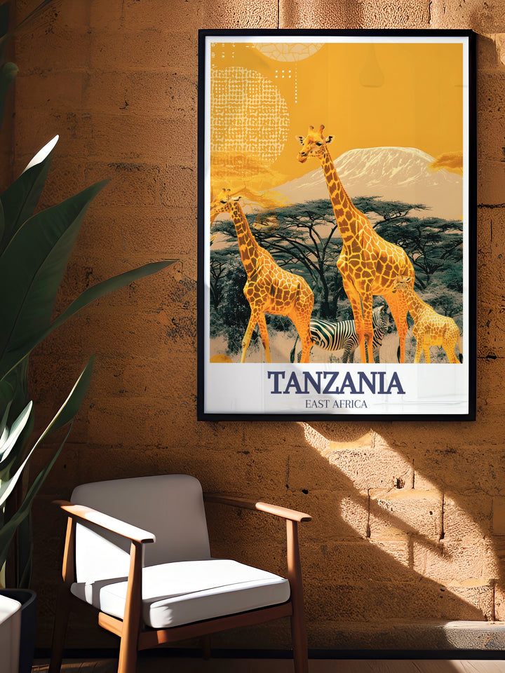 A travel print of Tanzania featuring the snow capped Mount Kilimanjaro and the endless plains of Serengeti National Park. The artwork highlights the natural beauty of Tanzania, making it an ideal addition to any home decor or a thoughtful gift for travelers.