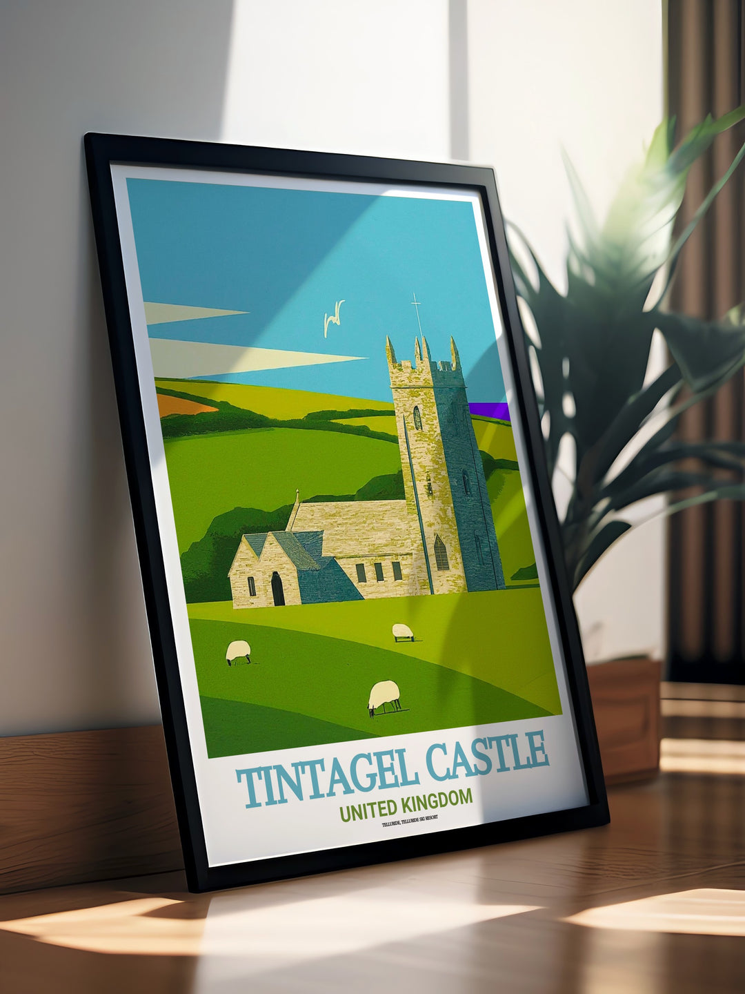 Wall Art featuring the dramatic ruins of Tintagel Castle paired with St. Materianas Church, evoking both the grandeur of British history and the tranquility of Cornwalls rugged coast. Ideal for any lover of historic landmarks and coastal scenery.