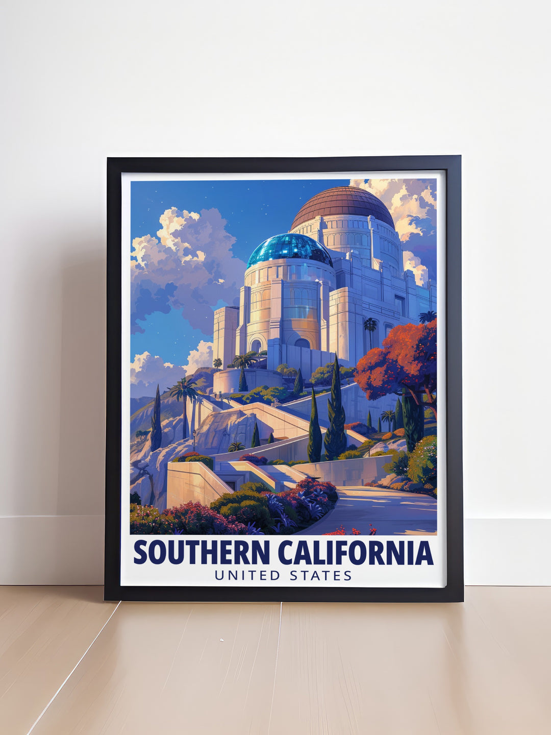 Explore the beauty of Southern California with this detailed travel print, highlighting Griffith Observatory and the surrounding city. A perfect piece of wall art for lovers of Californias iconic landmarks.