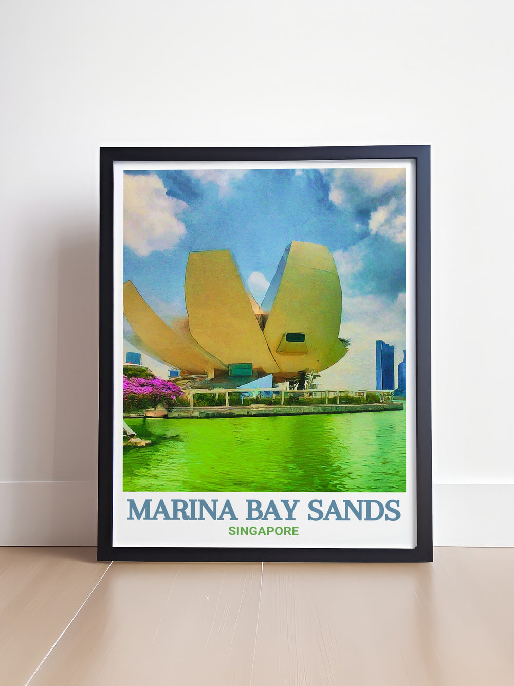 Singapore Art Print capturing the dynamic and futuristic landscape of Marina Bay Sands and the ArtScience Museum, showcasing the vibrant spirit of Singapore. This detailed art print adds a modern and stylish element to any room.