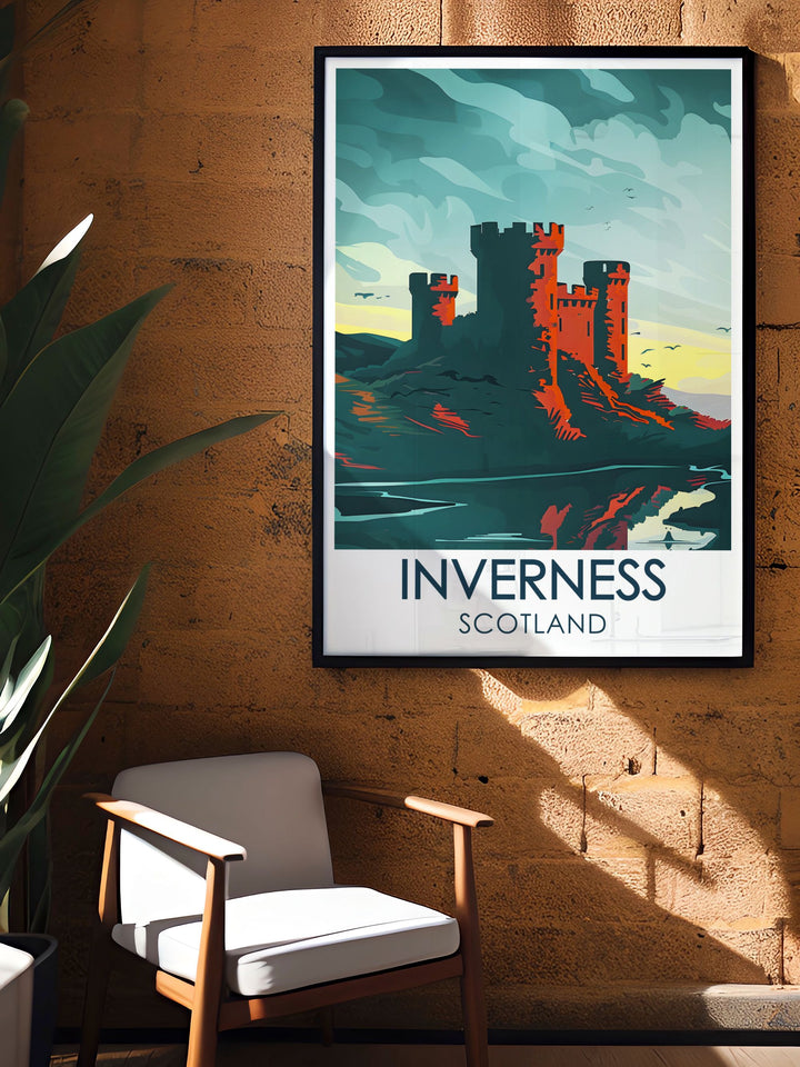 Custom print of Inverness, showcasing the colorful houses along the river, the intricate details of the historic castle, and the lush greenery of the surrounding Highlands, bringing a touch of Scotland to your decor.