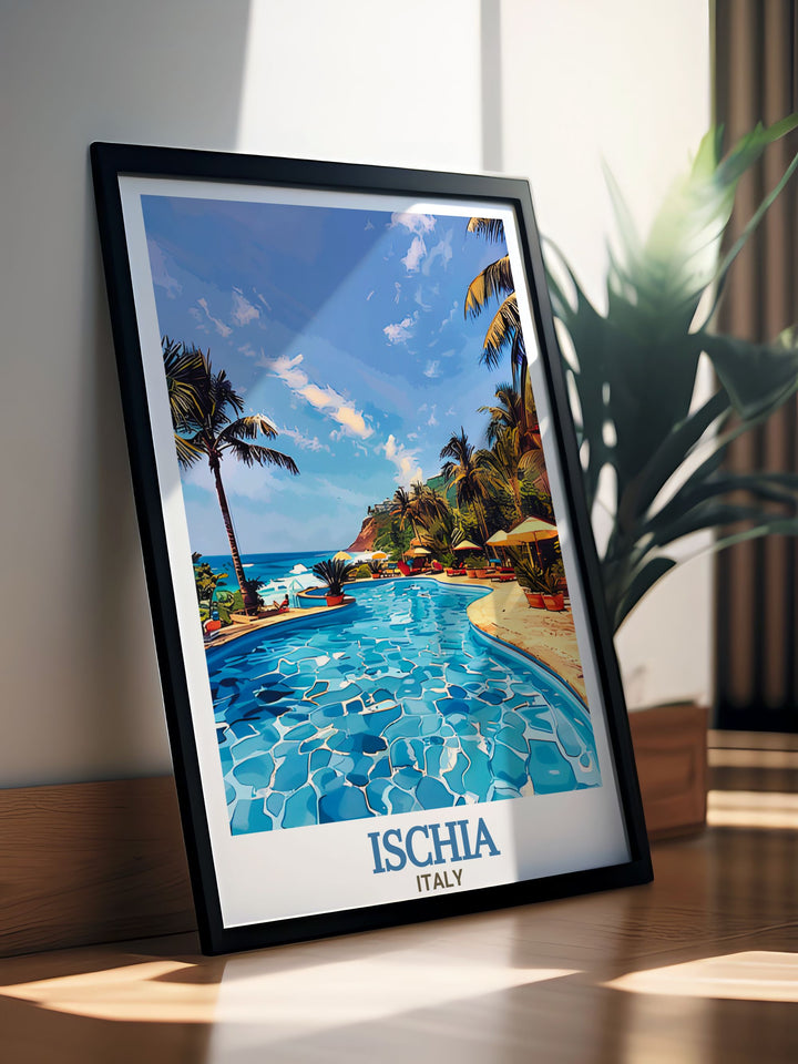 Travel print featuring Ischias Negombo Thermal Park, Italy, with intricate details and vibrant colors. Perfect for adding a touch of Italian charm to your home décor or gifting to a friend who loves exploring Italys natural wonders.