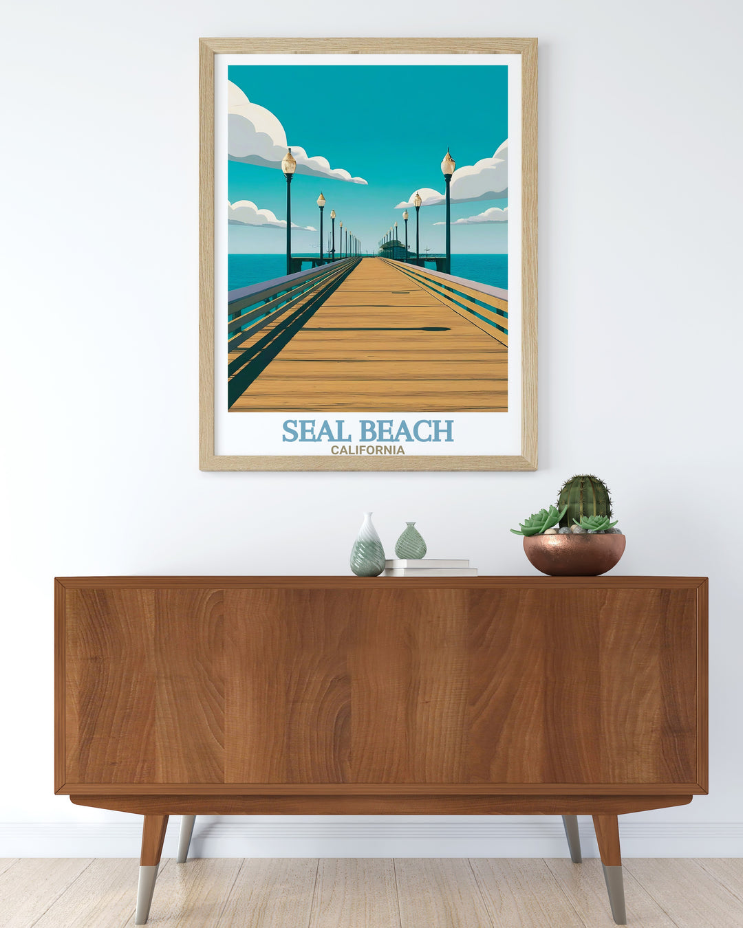 Seal Beach Poster Print featuring the iconic Seal Beach Pier and the beautiful Pacific coastline. This travel print perfectly captures the charm of one of Californias most famous coastal landmarks. A stunning addition to any home décor, ideal for beach lovers and California enthusiasts.