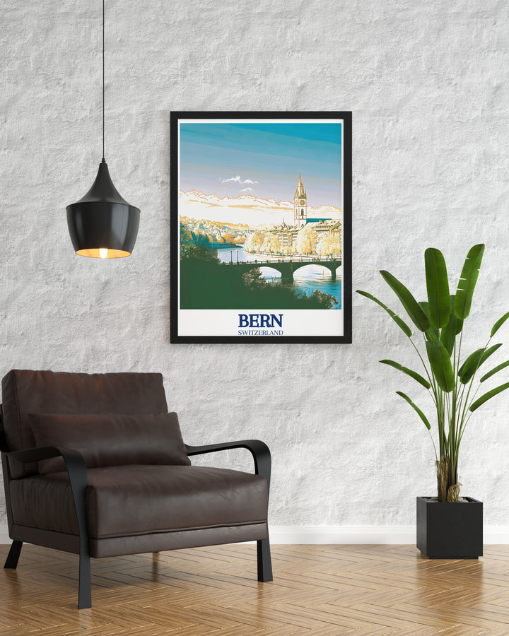 Bern Cathedral travel print captures the majestic beauty of this Gothic landmark, making it an ideal piece of wall art for lovers of architecture and European history. The intricate design and historic value are reflected in this detailed Switzerland art print.