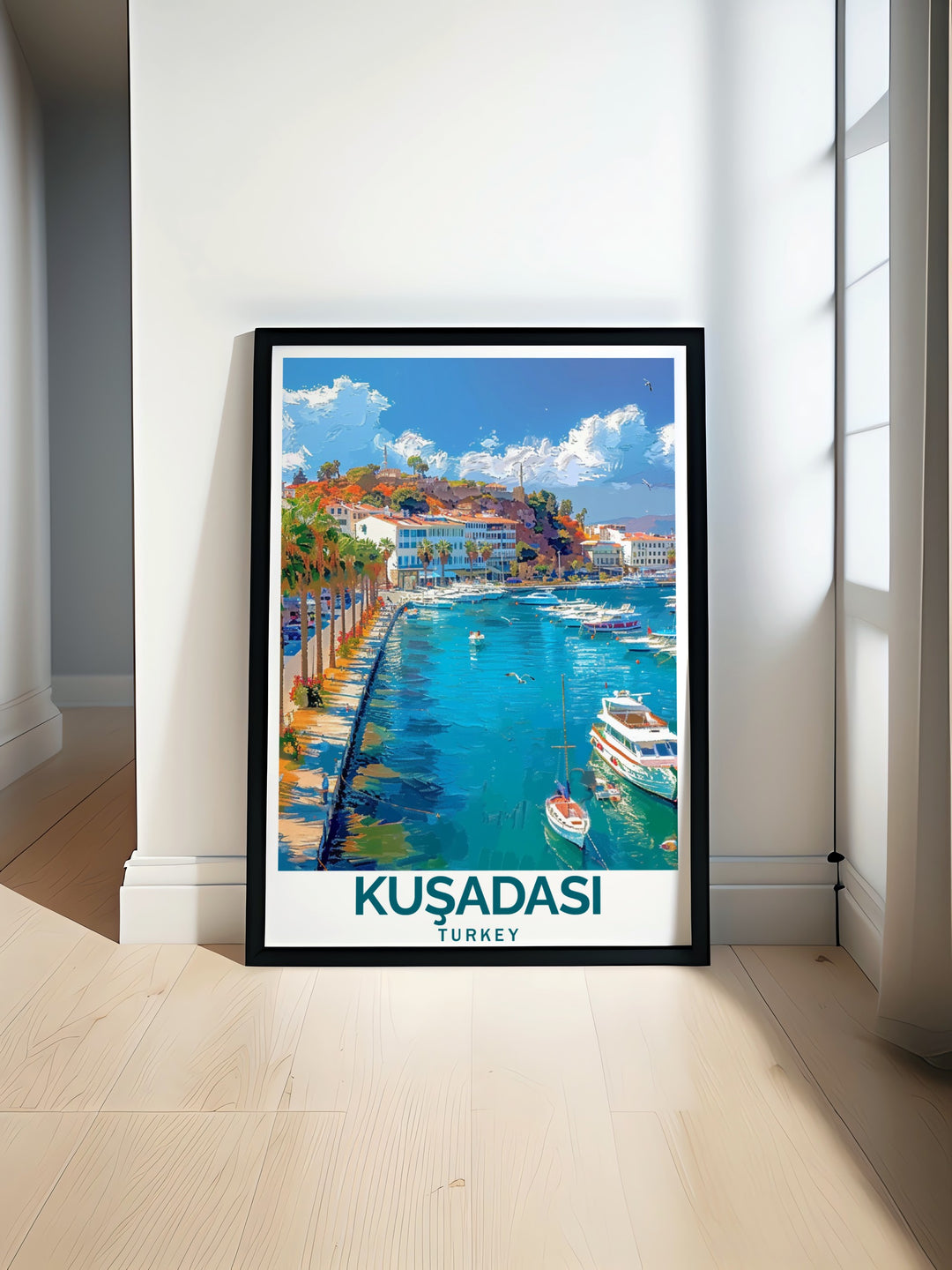 Kuşadası Marina poster print featuring the serene beauty of Turkeys coastline. Add this stunning Turkey wall art to your home decor. Perfect for anyone seeking elegant Turkey travel art to enhance their living space or as a travel gift for loved ones.