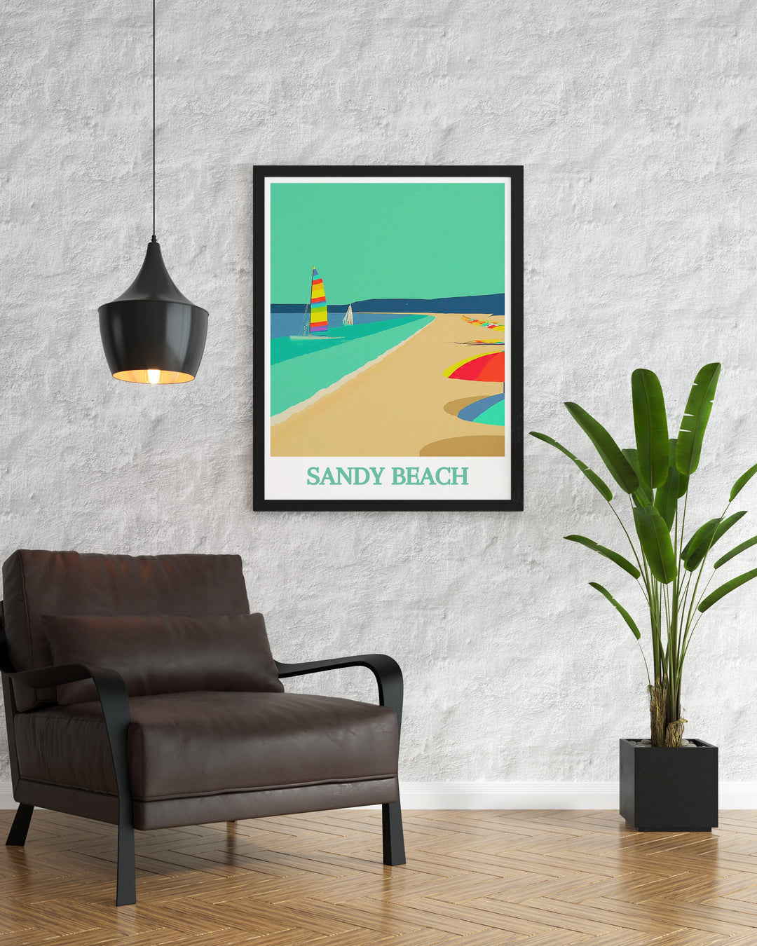 Charming Sandy Beach Park Travel Print highlighting vivid beach imagery and modern decor elements perfect for transforming your living room with its colorful and sophisticated design