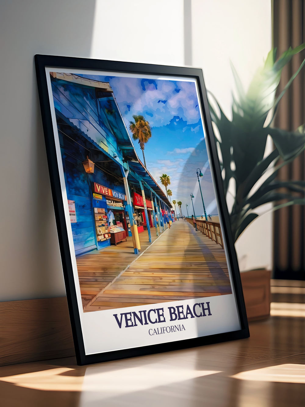 A Venice Beach canvas print showcasing the vast Pacific Ocean and the lively Venice Beach Boardwalk. This piece of wall art perfectly balances the serene ocean with the colorful boardwalk, making it an excellent addition to any coastal inspired decor.
