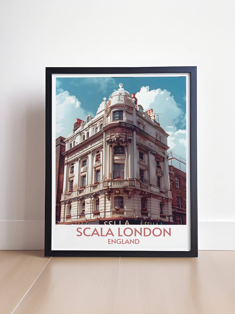 London music venue poster showcasing the exterior façade of Scala London in classic Art Deco style an architectural masterpiece in Kings Cross London perfect for fans of rock music and historic London architecture stunning addition to any home or office decor