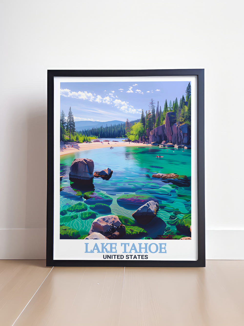 Lake Tahoe Framed Art presents a stunning view of the lake and Sand Harbors pristine shoreline. The detailed design captures the unique beauty of this beloved natural destination, offering a perfect addition to any home decor for nature lovers and adventure seekers.