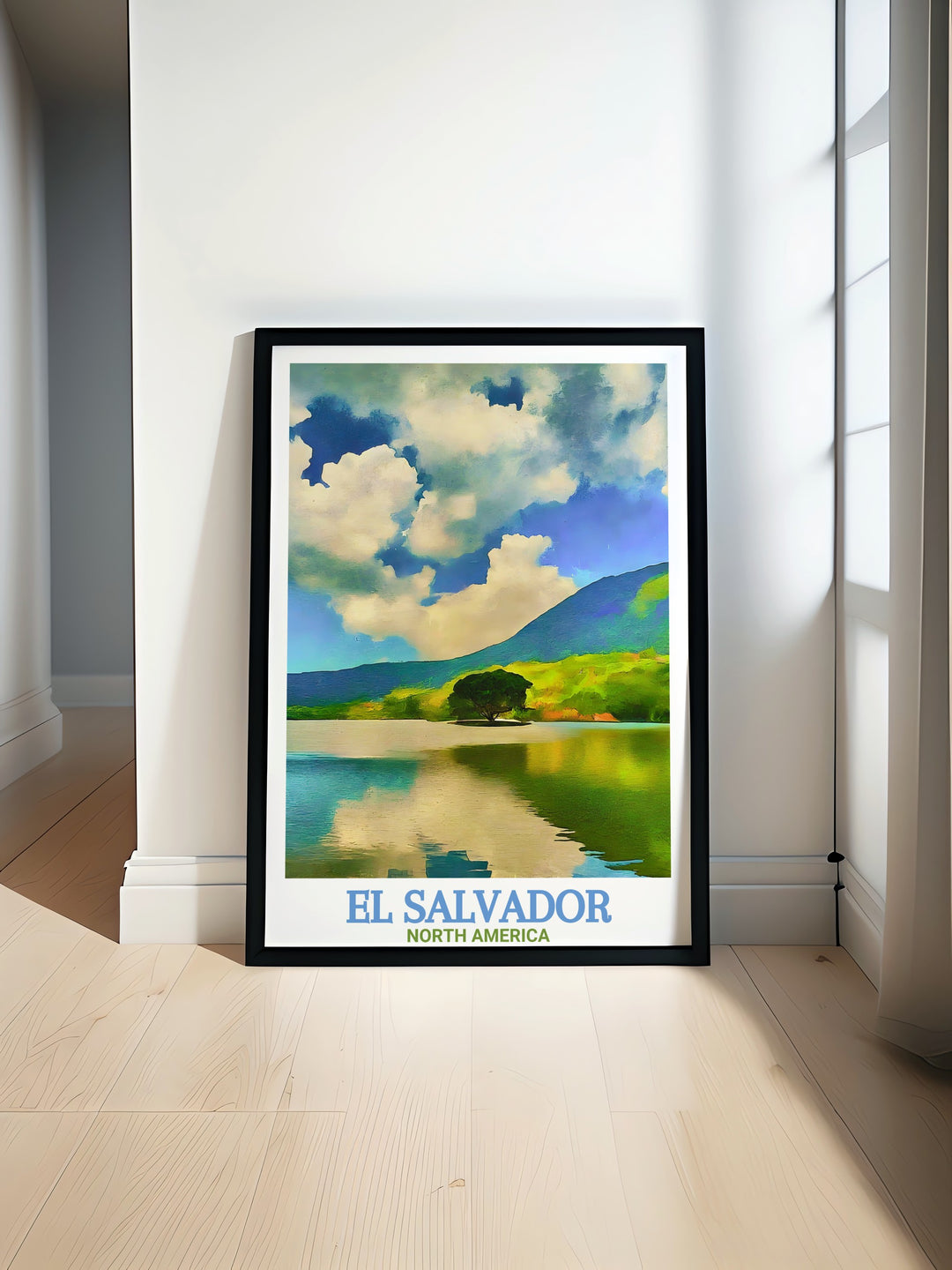 Lake Coatepeque travel poster showcasing the serene waters and lush surroundings of El Salvador a perfect piece for home decor and art lovers capturing the beauty and tranquility of one of El Salvadors most stunning natural treasures with vibrant colors and detailed artwork