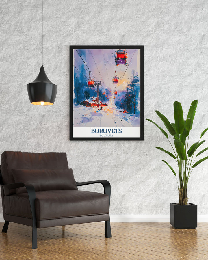 Elegant Borovets wall art depicting the bustling ski resort and the challenging Yastrebets slope, showcasing the regions winter sports culture and natural tranquility. Perfect for adding sophistication to any room.