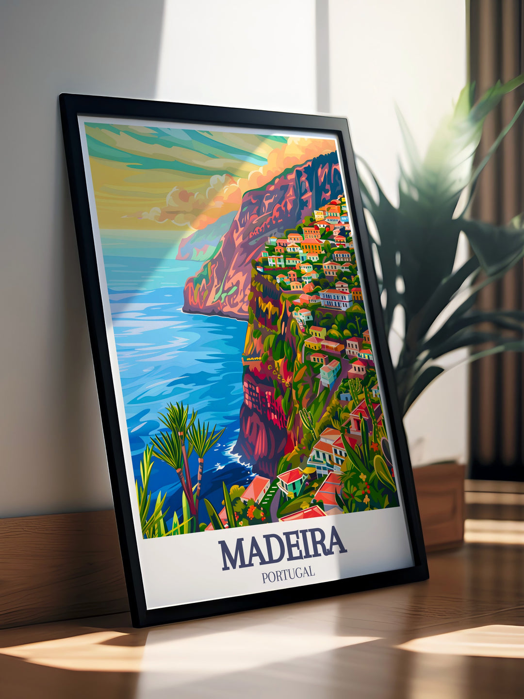 A Madeira travel print that captures both Cabo Girão and Funchal in a single artwork. Ideal for anyone looking to add a piece of Portuguese culture to their home, this travel poster features vibrant colors and stunning vistas, bringing a touch of the island to your walls.