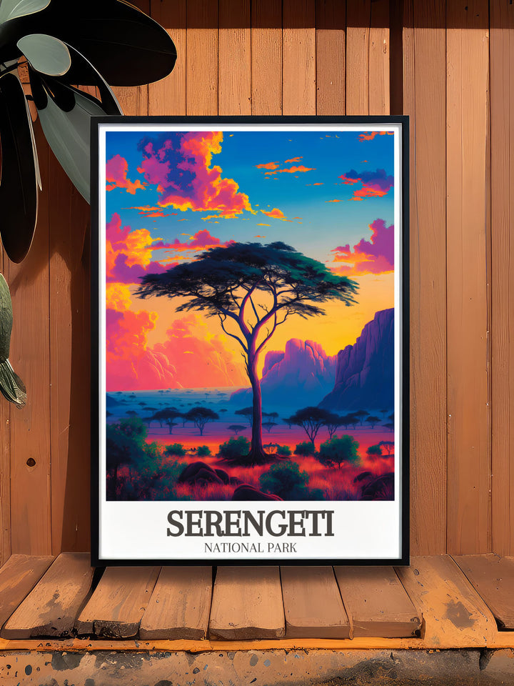 Beautiful Acacia tree savanna framed print of Serengeti Africa bringing the wild landscapes of Tanzania into your home for a touch of elegance and adventure