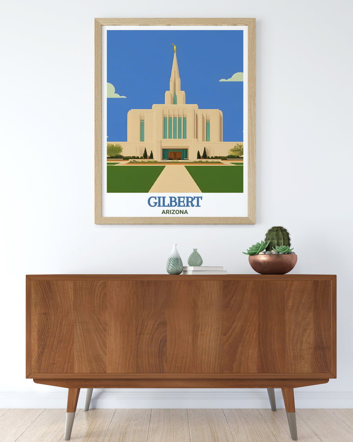 The Gilbert Temple stands as a beacon of beauty and peace in this Arizona travel print. Whether for personal decor or as a gift, this poster captures the elegance of one of Arizonas most beloved landmarks, making it a meaningful addition to any space.