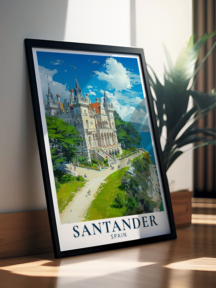 Elegant Spain travel print featuring the Palacio de la Magdalena in Santander combines modern art with historical architecture making it a perfect gift for travelers or art lovers who want to bring the beauty of Spain into their living room or office.