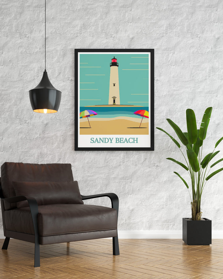 Bright and vibrant Sandy Beach Lighthouse Poster capturing the essence of seaside beauty with detailed artwork and lively colors ideal for transforming your room into a coastal retreat