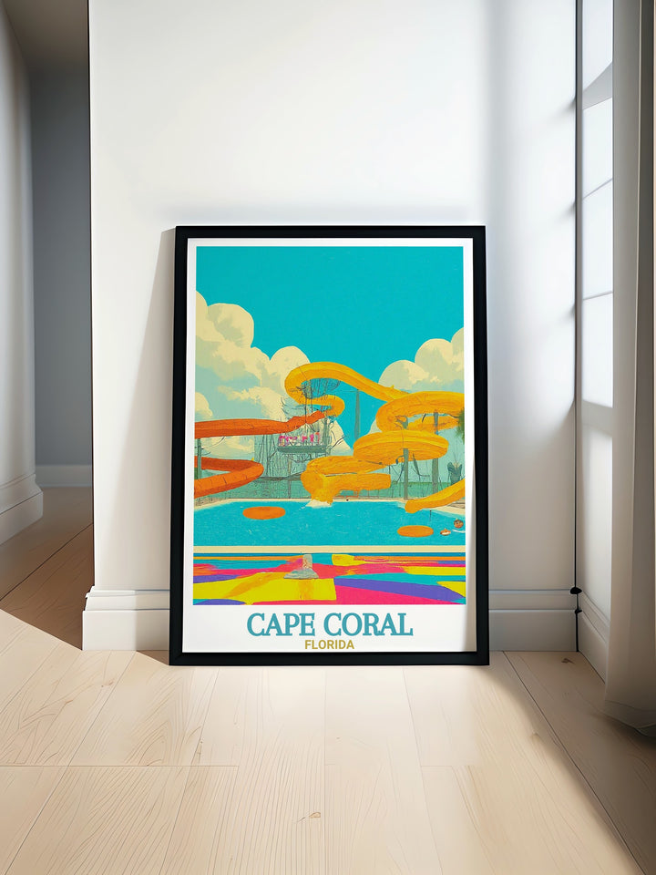 Cape Coral Print featuring Sun Splash Family Waterpark vibrant Florida travel poster showcasing the fun and excitement of the waterpark with intricate details perfect for home decor and gifts ideal for families and adventure seekers.