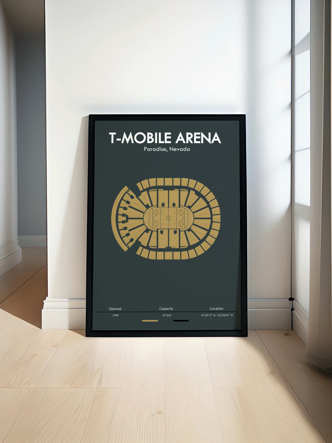 Travel Poster showcasing the Vegas Golden Knights at T Mobile Arena in Nevada ideal for Fathers Day gifts birthday gifts and gifts for boys featuring star player Alex Pietrangelo perfect for Las Vegas hockey fans and collectors of vintage NHL prints