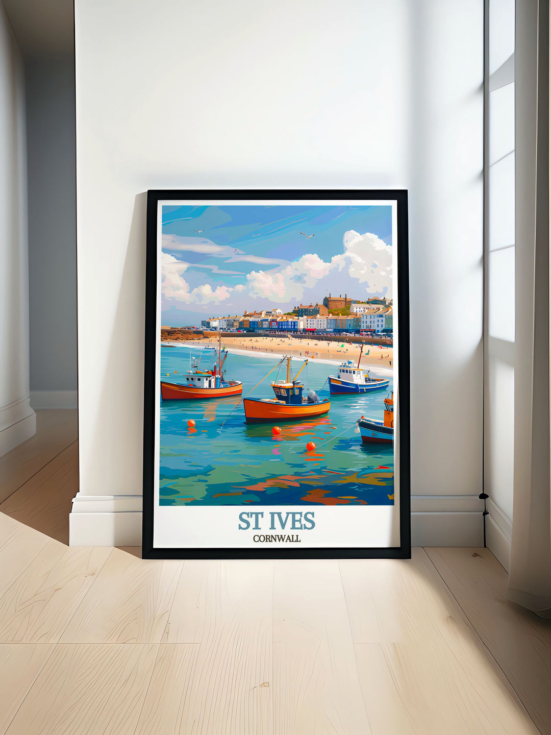 Celebrate the beauty of Cornwall with this detailed St Ives Harbour Art Print. With its depiction of boats docked in the historic harbor, framed by Cornwalls signature coastal architecture, this travel print is a stunning addition to any space, perfect for lovers of both art and travel.