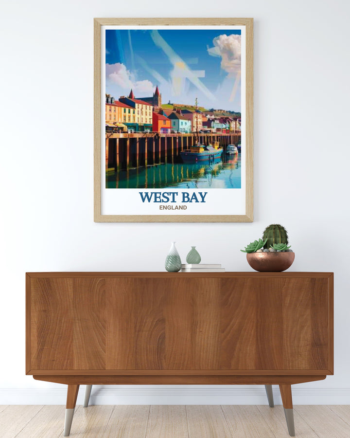 West Bay art print capturing the beauty of the harbor and cliffs along Englands southern coast. This travel poster is a wonderful reminder of the peaceful and scenic landscapes of the Jurassic Coast, making it a great addition to any wall.