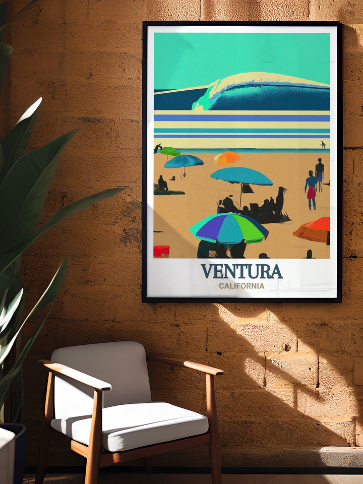 A captivating poster of Venturas Surfers Point at Seaside Park, showcasing the dynamic waves and surf culture of this iconic California spot. The matted black and white fine line print offers a modern yet timeless feel, making it an excellent choice for home decor or as a special gift for those who love the ocean.